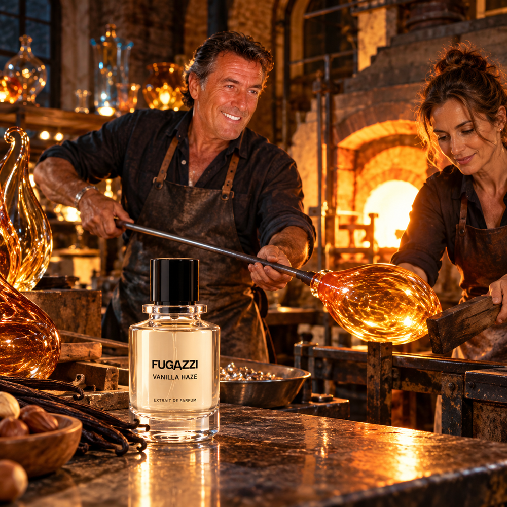 Two Venetian glassmakers shape glowing amber glass in a midnight workshop, surrounded by traditional furnaces and warm golden light.
