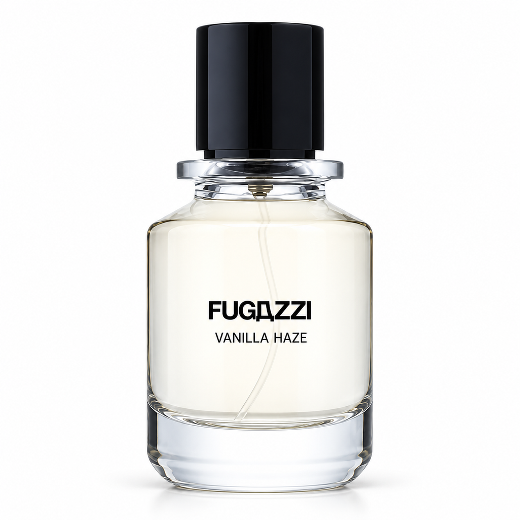Fugazzi Vanilla Haze 100ml Extrait de Parfum clear glass bottle with pale fragrance, black cylindrical cap and black lettering on white.