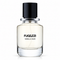 Fugazzi Vanilla Haze 100ml Extrait de Parfum clear glass bottle with pale fragrance, black cylindrical cap and black lettering on white.