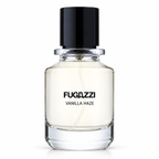 Fugazzi Vanilla Haze 100ml Extrait de Parfum clear glass bottle with pale fragrance, black cylindrical cap and black lettering on white.