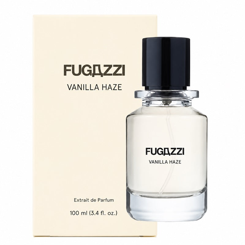 Fugazzi Vanilla Haze 100ml Extrait de Parfum clear bottle beside its cream presentation carton with black branding on white