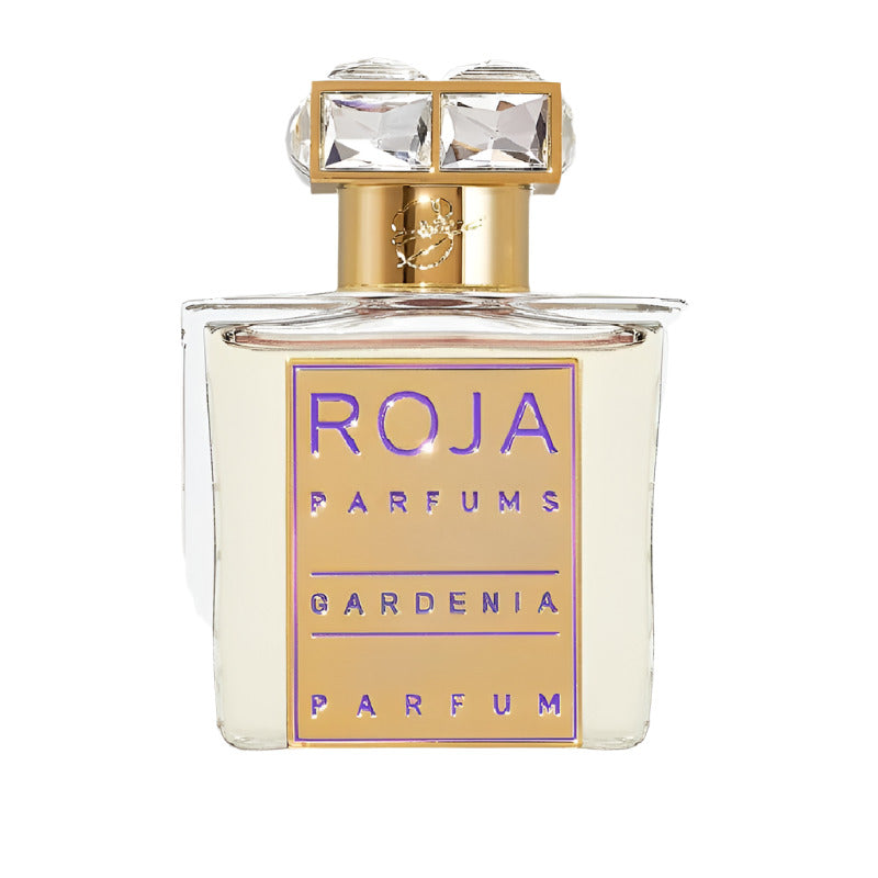 Roja Parfums Gardenia perfume bottle with gold cap on a white background