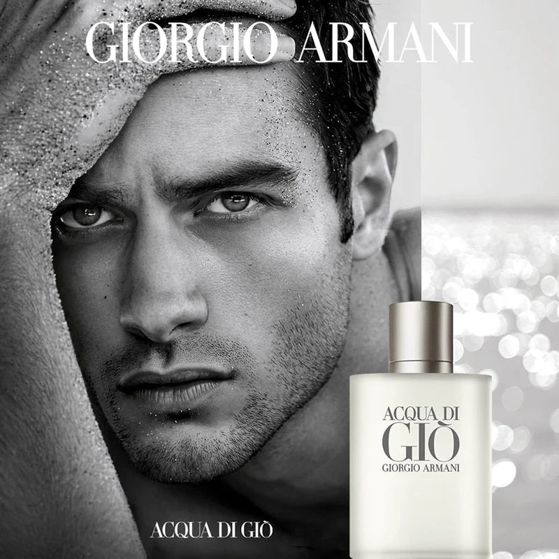Image of a model lying next to a bottle of Acqua Di Gio