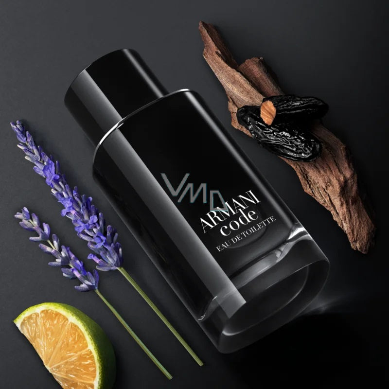 Black Armani Code perfume bottle with lavender, lime, and wood on a dark background