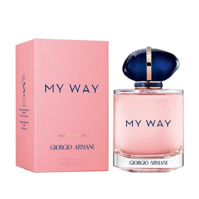 A product image featuring a pink Armani My Way perfume bottle with a blue cap alongside its packaging box.