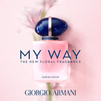 Giorgio Armani perfume bottle with 'My Way' fragrance on a soft pink background