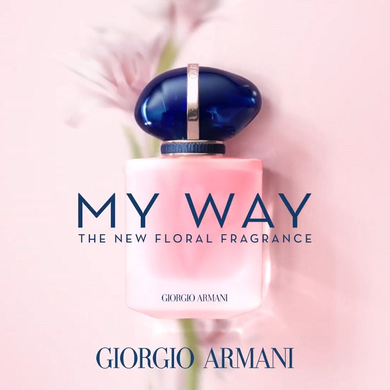 Giorgio Armani perfume bottle with 'My Way' fragrance on a soft pink background