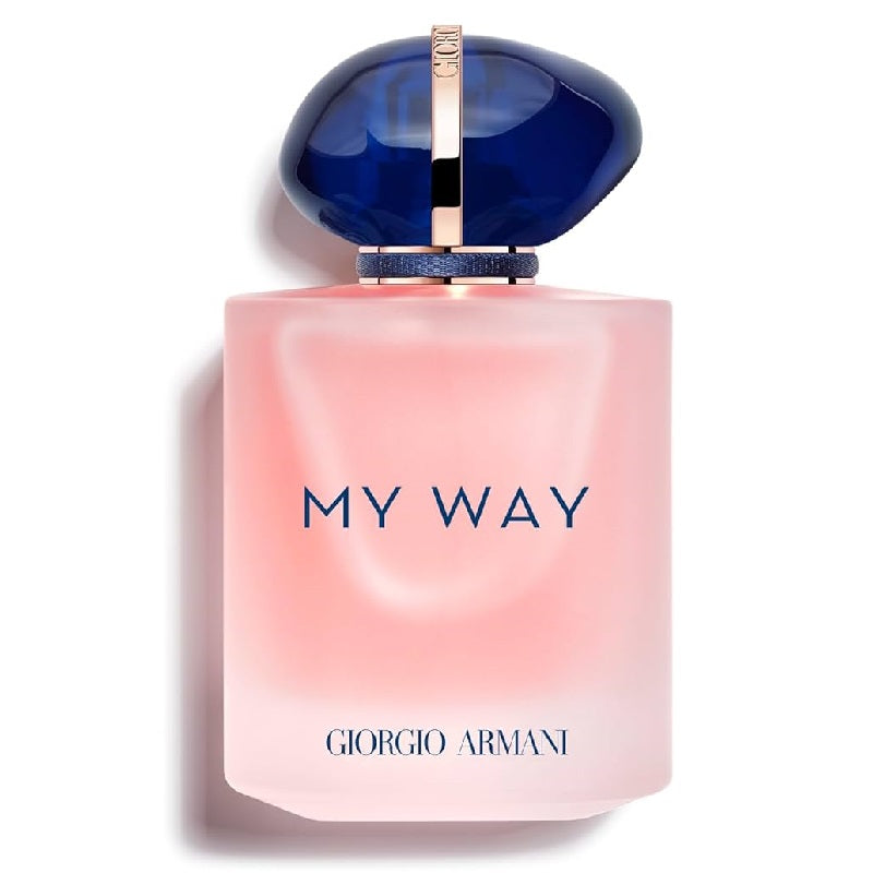 A bottle of My Way Floral Eau de Parfum by Giorgio Armani with a blue cap and pink label.