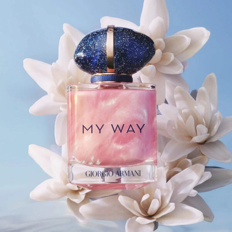 Giorgio Armani 'My Way' perfume bottle on a decorative floral background