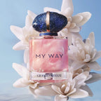 Giorgio Armani 'My Way' perfume bottle on a decorative floral background