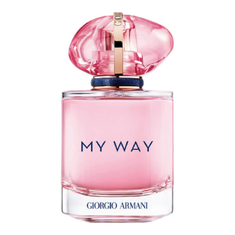 Pink Giorgio Armani perfume bottle with a clear cap on a white background
