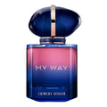 Blue and pink Giorgio Armani perfume bottle with 'My Way' text on a white background