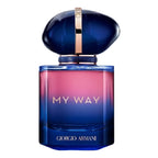 Blue and pink Giorgio Armani perfume bottle with 'My Way' text on a white background