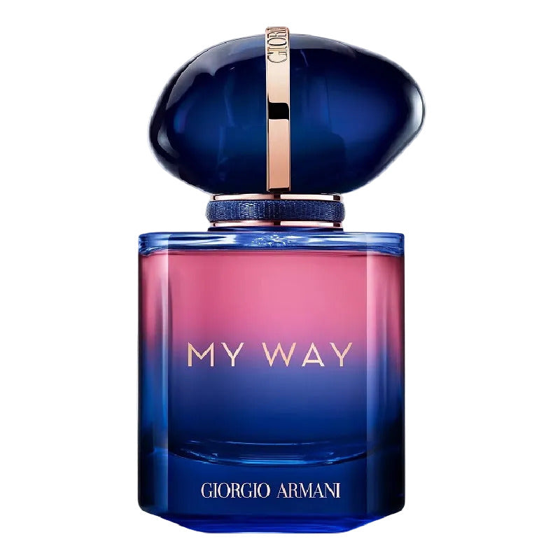 Blue and pink Giorgio Armani perfume bottle with 'My Way' text on a white background