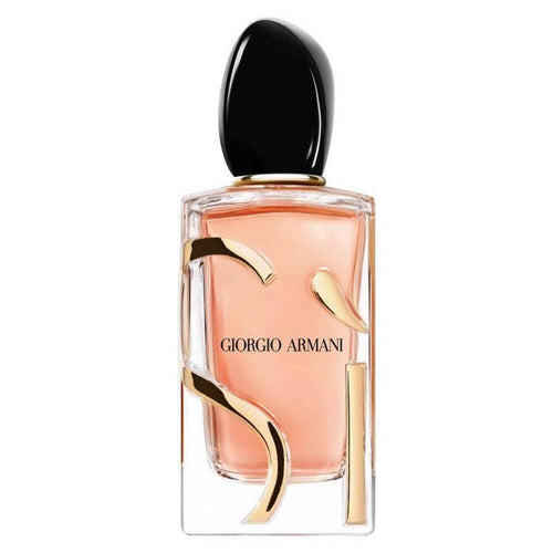 A glass bottle of Armani Sí Intense Eau de Parfum by Giorgio Armani with a black cap and a gold design on the label.
