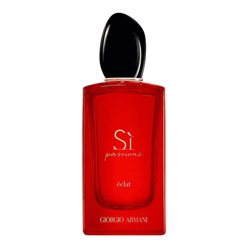 Red Giorgio Armani perfume bottle with black cap on a white background