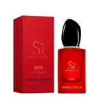 Red Giorgio Armani Si Passione Eclat perfume bottle and packaging on a white background