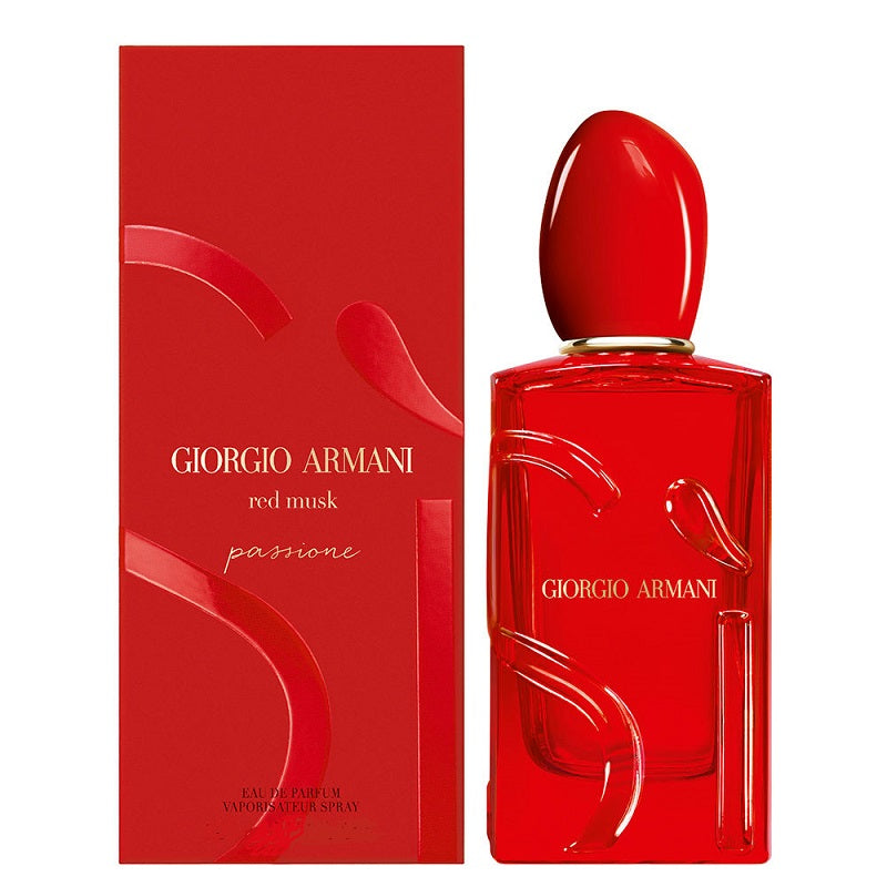 Red Giorgio Armani perfume bottle and packaging on a white background
