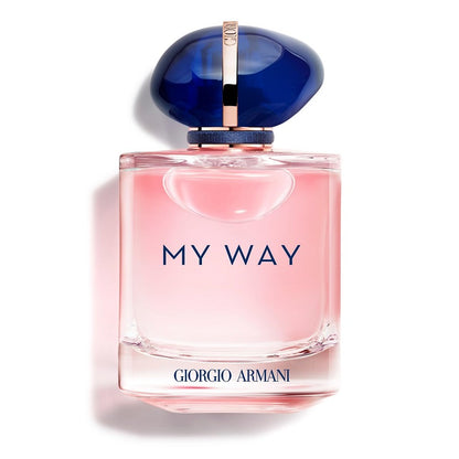 A glass bottle of 'My Way' Eau de Parfum by Giorgio Armani with a blue cap and pink liquid visible inside the bottle.
