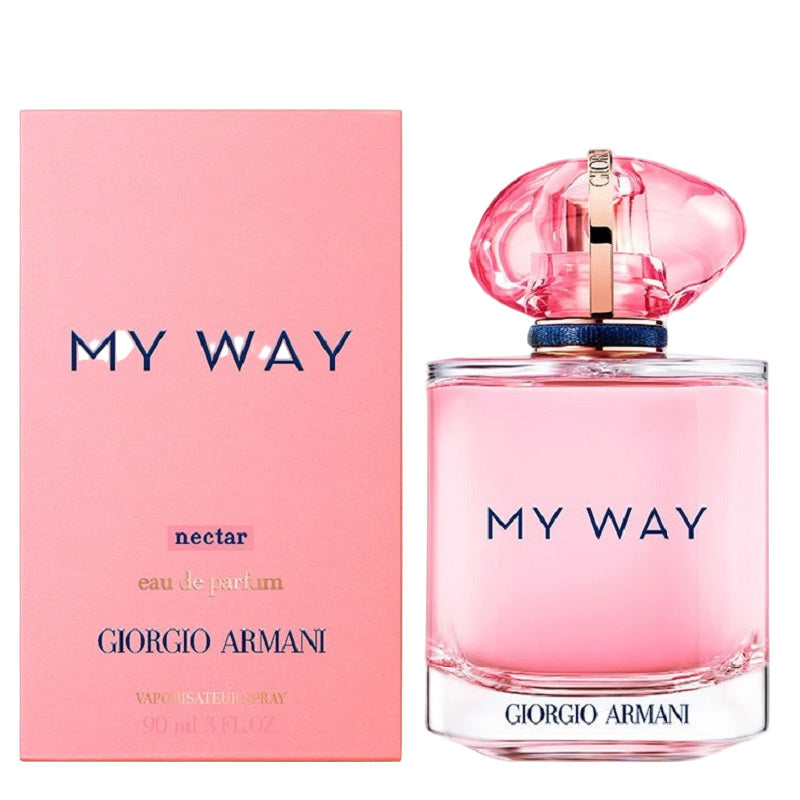 Giorgio Armani My Way Nectar perfume bottle placed beside its matching pink and blue box.