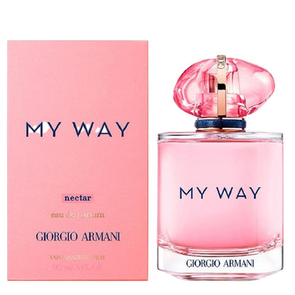 Giorgio Armani My Way Nectar perfume bottle placed beside its matching pink and blue box.