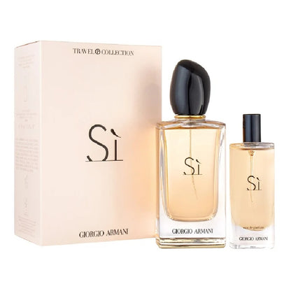 Giorgio Armani Si 100ml Eau De Parfum 2-piece set arranged beside its elegant cream and black box.
