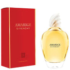 The image shows a perfume bottle and packaging box for Amarige by Givenchy. The bottle is transparent with a yellow liquid inside and a white cap.