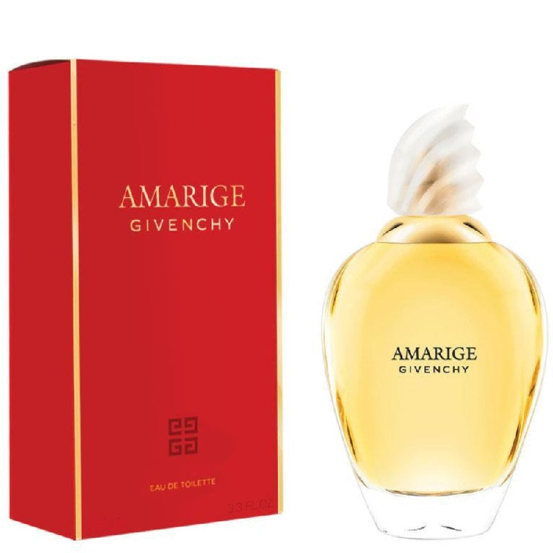 The image shows a perfume bottle and packaging box for Amarige by Givenchy. The bottle is transparent with a yellow liquid inside and a white cap.