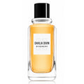 A bottle of Givenchy Dahlia Divin perfume with amber-colored liquid inside a clear glass bottle, featuring a white label and a black cap, set against a plain white background.
