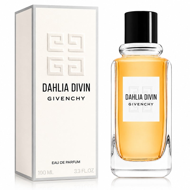 Dahlia Divin Givenchy Eau de Parfum bottle with amber liquid next to its white packaging box, featuring the Givenchy logo and black cap on a white background.