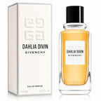 Dahlia Divin Givenchy Eau de Parfum bottle with amber liquid next to its white packaging box, featuring the Givenchy logo and black cap on a white background.