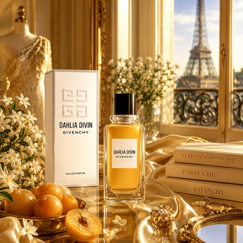 A bottle of Givenchy Dahlia Divin Eau de Parfum with its white packaging box, styled on a gold draped table with peaches, books, and a window view of the Eiffel Tower in the background.