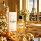 A bottle of Givenchy Dahlia Divin Eau de Parfum with its white packaging box, styled on a gold draped table with peaches, books, and a window view of the Eiffel Tower in the background.