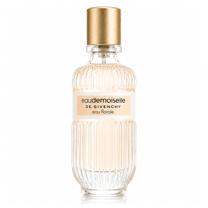 A bottle of Givenchy Eaudemoiselle Eau Florale perfume, featuring a clear ribbed glass bottle with a metallic gold cap and a beige label.