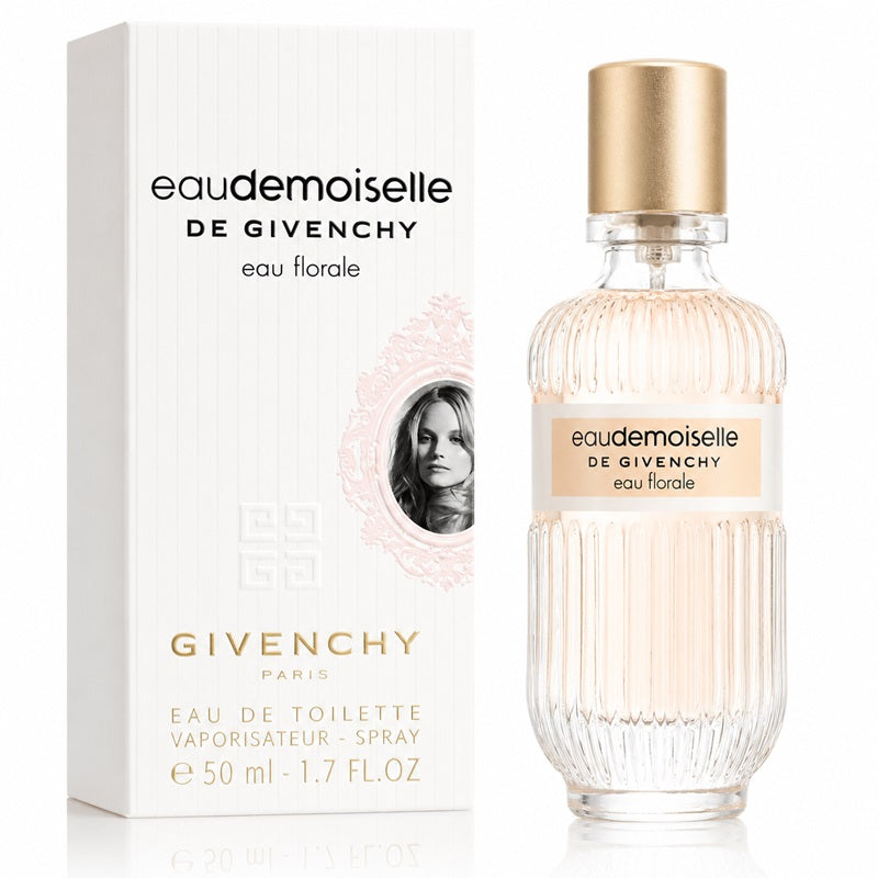 Givenchy Eaudemoiselle Eau Florale Eau de Toilette spray bottle with a gold cap next to its white packaging box.