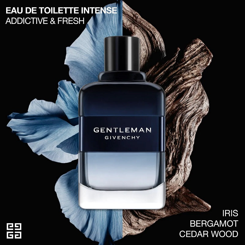 Gentleman Givenchy perfume bottle with floral and wooden elements on a black background