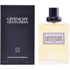 A 100ml bottle of Givenchy Gentleman Originale Eau de Toilette with a black box in the background. The bottle is clear with a white label and the box features a geometric pattern.