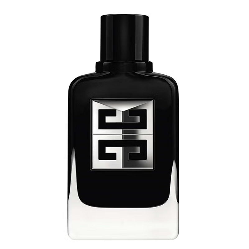 Black perfume bottle with a silver logo on a white background