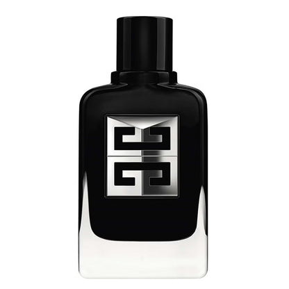 Black perfume bottle with a silver logo on a white background