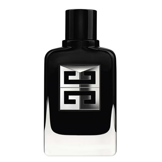 Black perfume bottle with a silver logo on a white background