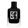 Black perfume bottle with a silver logo on a white background