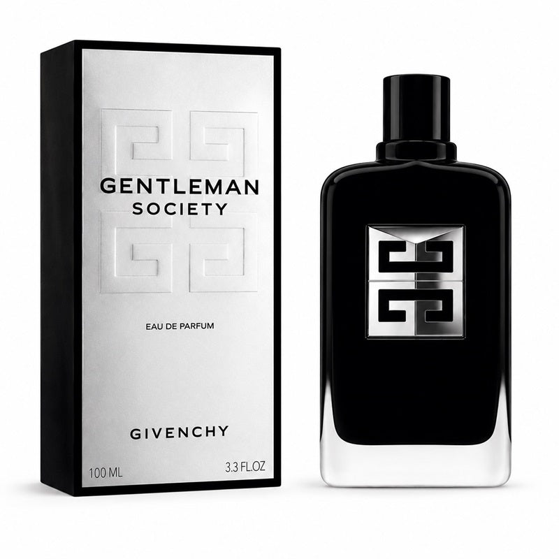 Givenchy Gentleman Society Eau de Parfum 100ml bottle and packaging box. The bottle is black with a silver geometric logo, standing next to its black and silver box on a white background.
