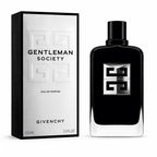 Givenchy Gentleman Society Eau de Parfum 100ml bottle and packaging box. The bottle is black with a silver geometric logo, standing next to its black and silver box on a white background.
