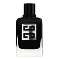 Black perfume bottle with a silver logo on a white background