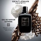 Black perfume bottle with floral and coffee bean elements on a gray background, featuring 'Gentleman Society' branding.