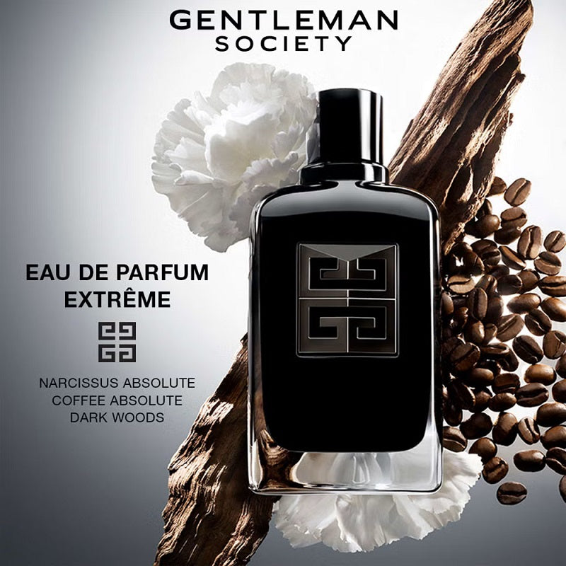 Black perfume bottle with floral and coffee bean elements on a gray background, featuring 'Gentleman Society' branding.