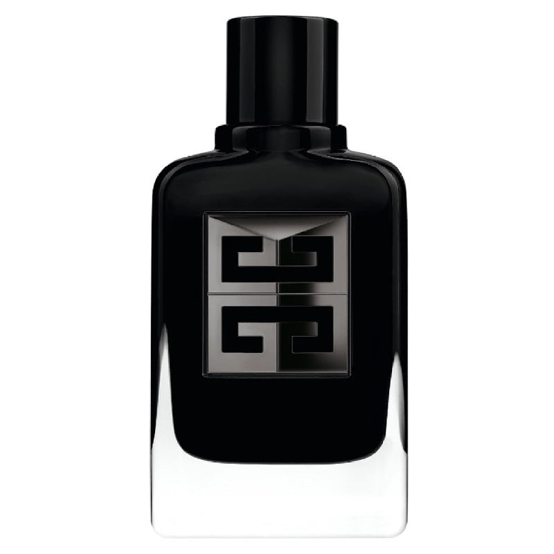 Black perfume bottle with a distinctive logo on a white background