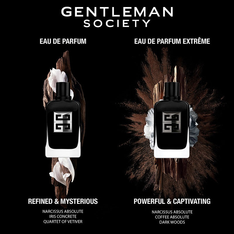 Two black perfume bottles with white caps on a black background, featuring 'Gentleman Society' branding.