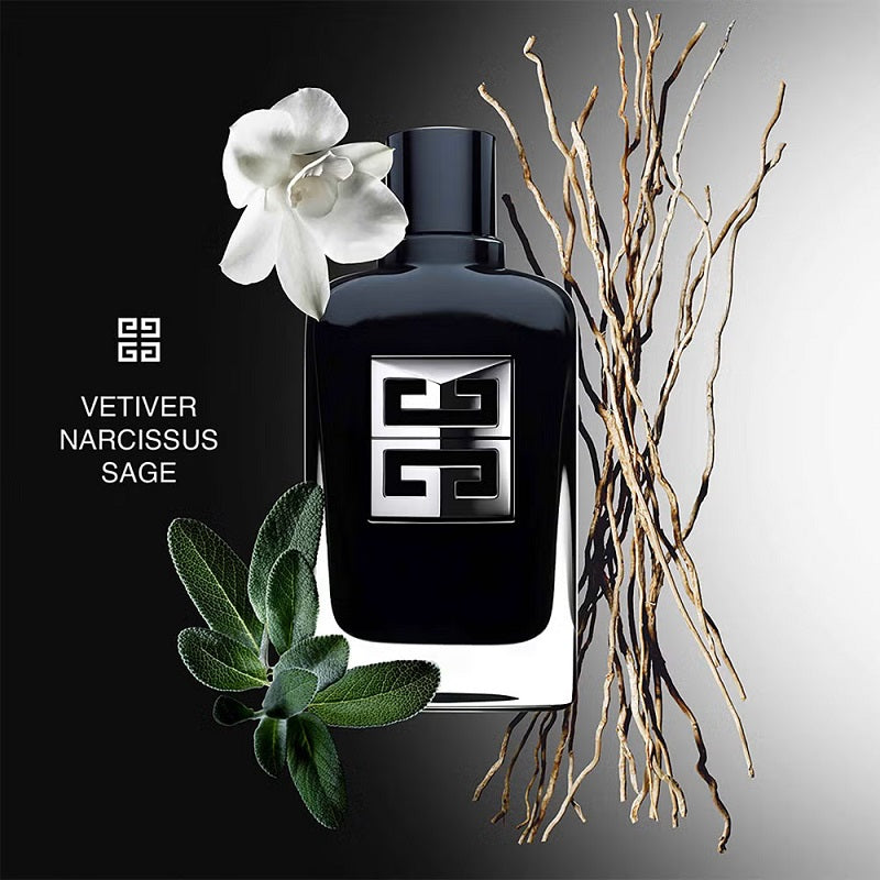 Black perfume bottle with decorative elements on a gradient background