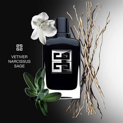 Black perfume bottle with decorative elements on a gradient background